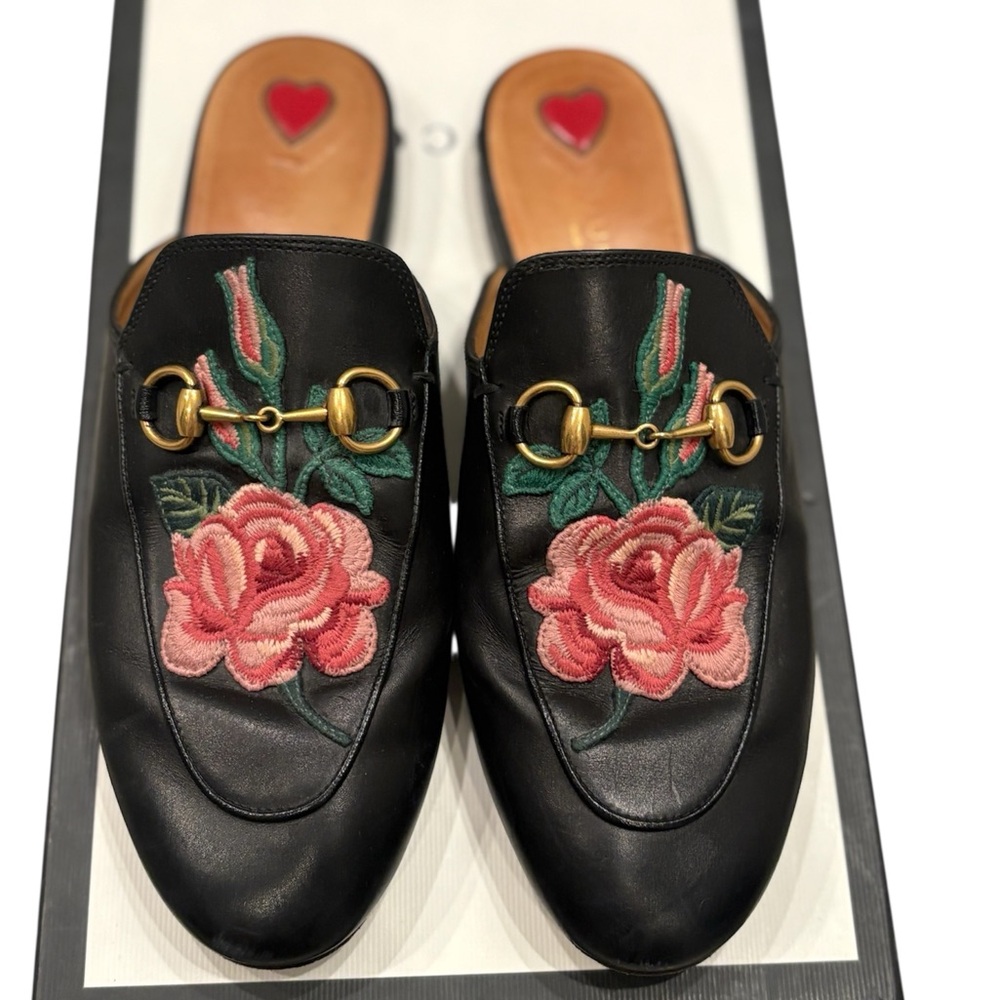 Gucci Black and Pink Mules with Rose Embroidery